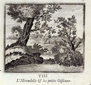 Jaskółka i małe ptaszki. Bajki Jean de La Fontaine (1621-95). Ilustracja François Chauveau (1613-1676). Wydanie z 1728 r. autorstwa Francois Chauveau