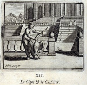 Łabędź i kucharz. Bajki Jean de La Fontaine (1621-95). Ilustracja Francois Chauveau (1613-1676). Wydanie z 1728 r. autorstwa Francois Chauveau