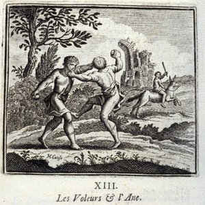 The Thieves and the Ane.Fables Jean de La Fontaine (1621-95). Ilustracja Francois Chauveau (1613-1676). Wydanie z 1728 r. autorstwa Francois Chauveau