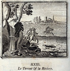 Potok i Riviere. Bajki Jean de La Fontaine (1621-95). Ilustracja Francois Chauveau (1613-1676). Wydanie z 1728 r. autorstwa Francois Chauveau