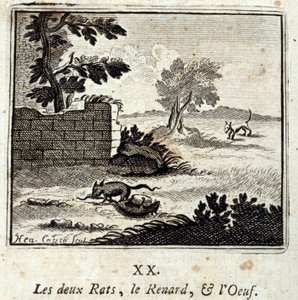 Dwa szczury, lis i jajko. Bajki Jean de La Fontaine (1621-95). Ilustracja François Chauveau (1613-1676). Wydanie z 1728 r.