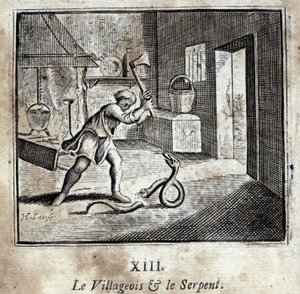 Wieśniak i wąż. Bajki Jean de La Fontaine (1621-95). Ilustracja François Chauveau (1613-1676). Wydanie z 1728 r. autorstwa Francois Chauveau