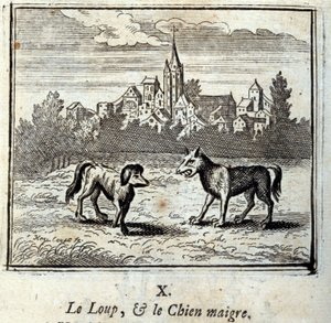 Wilk i chudy pies. Bajki Jean de La Fontaine (1621-95). Ilustracja François Chauveau (1613-1676). Wydanie z 1728 r.