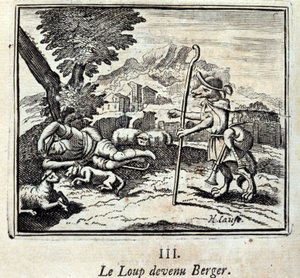 Wilk stał się Bergerem. Bajki Jeana de La Fontaine (1621-95). Ilustracja François Chauveau (1613-1676). Wydanie z 1728 r. autorstwa Francois Chauveau