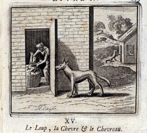 Wilk, Koza i Koza. Bajki Jean de La Fontaine (1621-95). Ilustracja autorstwa François Chauveau (1613-1676). Wydanie z 1728 r.
