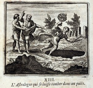 Astrolog, który wpada do studni. Bajki Jean de La Fontaine (1621-95). Ilustracja François Chauveau (1613-1676). Wydanie z 1728 r. autorstwa Francois Chauveau