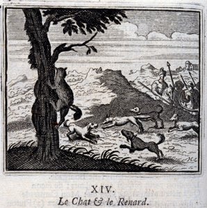 Kot i lis. Bajki Jean de La Fontaine (1621-95). Ilustracja autorstwa François Chauveau (1613-1676). Wydanie z 1728 r. autorstwa Francois Chauveau