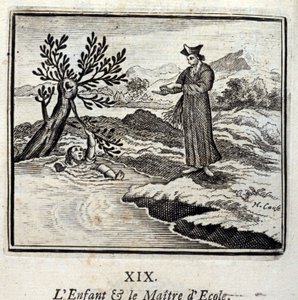 Dziecko i dyrektor szkoły. Bajki Jean de La Fontaine (1621-95). Ilustracja François Chauveau (1613-1676). Wydanie z 1728 r. autorstwa Francois Chauveau