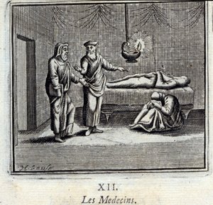 Lekarze. Bajki Jean de La Fontaine (1621-95). Ilustracja François Chauveau (1613-1676). Wydanie z 1728 r. autorstwa Francois Chauveau