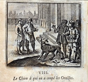Pies odcięliśmy mu uszy. Bajki Jean de La Fontaine (1621-95). Ilustracja autorstwa François Chauveau (1613-1676). Wydanie z 1728 r. autorstwa Francois Chauveau