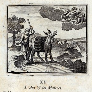 Osioł i jego panowie. Bajki Jean de La Fontaine (1621-95). Ilustracja François Chauveau (1613-1676). Wydanie z 1728 r. autorstwa Francois Chauveau