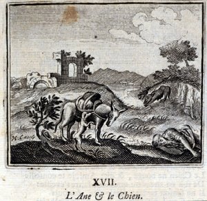 Osioł i pies. Bajki Jean de La Fontaine (1621-95). Ilustracja François Chauveau (1613-1676). Wydanie z 1728 r.