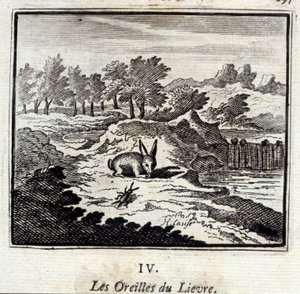 Uszy Lievre. Bajki Jean de La Fontaine (1621-95). Ilustracja François Chauveau (1613-1676). Wydanie z 1728 r. autorstwa Francois Chauveau