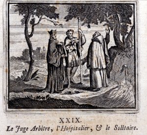 Sędzia sędziuje Szpitalnika i Pasjansa. Bajki Jean de La Fontaine (1621-95). Ilustracja Francois Chauveau (1613-1676). Wydanie z 1728 r. autorstwa Francois Chauveau