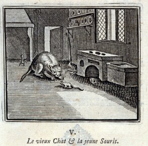 Stary Kot i młoda Mysz. Bajki Jean de La Fontaine (1621-95). Ilustracja François Chauveau (1613-1676). Wydanie z 1728 r.