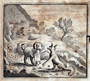 Chory lew i lis. Bajki Jean de La Fontaine (1621-95). Ilustracja François Chauveau (1613-1676). Wydanie z 1728 r. autorstwa Francois Chauveau