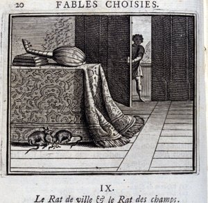 Szczur miejski i szczur polny. Bajki Jean de La Fontaine (1621-95). Ilustracja François Chauveau (1613-1676). Wydanie z 1728 r. autorstwa Francois Chauveau