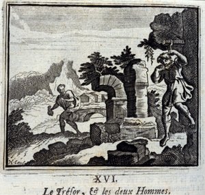 Skarbnik i dwaj mężczyźni. Bajki Jean de La Fontaine (1621-95). Ilustracja François Chauveau (1613-1676). Wydanie z 1728 r. autorstwa Francois Chauveau