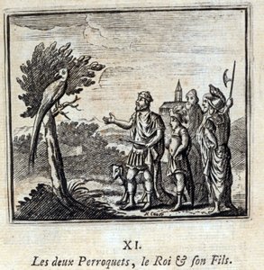 Dwie Papugi Króla i jego Syna. Bajki Jean de La Fontaine (1621-95). Ilustracja François Chauveau (1613-1676). Wydanie z 1728 r. autorstwa Francois Chauveau