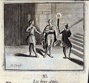 Dwóch przyjaciół. Bajki Jean de La Fontaine (1621-95). Ilustracja François Chauveau (1613-1676). Wydanie z 1728 r. autorstwa Francois Chauveau