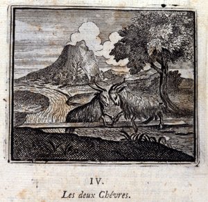 Dwie kozy. Bajki Jean de La Fontaine (1621-95). Ilustracja François Chauveau (1613-1676). Wydanie z 1728 r.