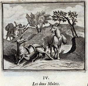 Dwa muły. Bajki Jean de La Fontaine (1621-95). Ilustracja François Chauveau (1613-1676). Wydanie z 1728 r. autorstwa Francois Chauveau