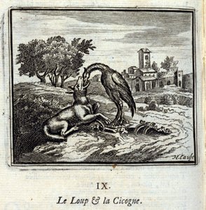 Wilk i bocian. Bajki Jean de La Fontaine (1621-95). Ilustracja François Chauveau (1613-1676). Wydanie z 1728 r. autorstwa Francois Chauveau
