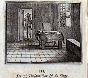 Tezaurator i Małpa. Bajki Jean de La Fontaine (1621-95). Ilustracja Francois Chauveau (1613-1676). Wydanie z 1728 r. autorstwa Francois Chauveau