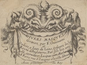 Tabliczka tytułowa z dwiema głowami satyra, z Divers Masques, ca. 1635-45. autorstwa Francois Chauveau