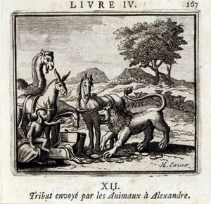 Hołd wysłany przez Zwierzęta do Aleksandra. Bajki Jean de La Fontaine (1621-95). Ilustracja François Chauveau (1613-1676). Wydanie z 1728 r. autorstwa Francois Chauveau