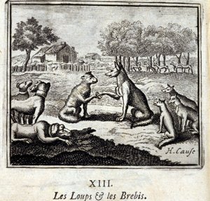 Wilki i owce. Bajki Jean de La Fontaine (1621-95). Ilustracja Francois Chauveau (1613-1676). Wydanie z 1728 r. autorstwa Francois Chauveau