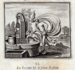 Fortuna i Małe Dziecko. Bajki Jean de La Fontaine (1621-95). Ilustracja autorstwa François Chauveau (1613-1676). Wydanie z 1728 r. autorstwa Francois Chauveau