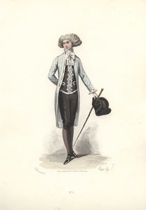 Elegancki mężczyzna w pasiastym płaszczu z epoki Marii Antoniny.