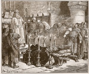 Fitz-Arthur zabrania pochówku Williama, ilustracja z „Ilustrowanej historii Anglii Cassella” (zdjęcie w sepii) autorstwa Francois Edouard Zier
