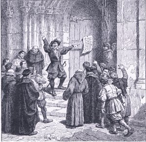 Robert Aske umieszcza swoją proklamację na drzwiach York Minster, z Cassells History of the British People opublikowanej przez Waverley Book Company, c. 1950 (litografia)