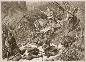 „Pani Mercians” walcząca z Walijczykami, ilustracja z „Ilustrowanej historii Anglii Cassella” (zdjęcie w sepii) autorstwa Francois Edouard Zier