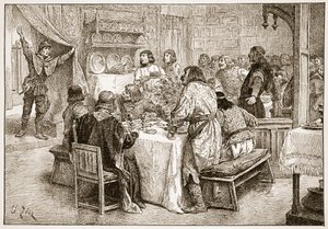 Posłaniec przynoszący Haroldowi wiadomość o lądowaniu Williama, ilustracja z „Kościoła anglikańskiego: historia dla ludu” autorstwa H.D.M. Spence-Jones, wyd. ok. 1910 (zdjęcie w sepii) autorstwa Francois Edouard Zier
