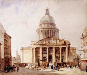 Widok na budowany Panteon w Paryżu z rue Soufflot Budynek powstał według projektu Jacques Germain Soufflot (1713-1780) na miejscu kościoła Sainte Genevieve. Akwarela Francois Etienne Villeret (ok. 1800-1866) 1835. P