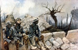 3 francuskich żołnierzy siedzących przed ruinami kościoła w Dampierre. Wojna 1914 - 1918. Obraz Francois Flameng (1856-1923). Paryż, Musée de l