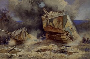 Atak na piechotę i czołgi w Saint Chamond, lipiec 1918 (akwarela) autorstwa Francois Flameng