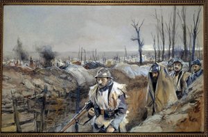 Pierwsza wojna światowa: „”Widok Souchez (w Artois), rów 18.12.1915”” Akwarela Francois Flameng (1856-1923) Grudzień 1915 Nd. 0,3x0,48 m Paryż, musee de l