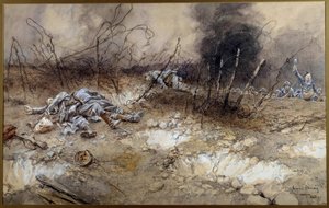 Pierwsza wojna światowa: scena bitwy pod La Craonne w dniu 5.04.1917. Ciało piechoty leżące wśród brody. Malarstwo akwarelowe Francois Flameng (1856-1923) Nd. 0,3x0,56 m Paryż, Musee de l