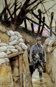 I wojna światowa: „”Żołnierz garnizonu zupy w okopie Notre-Dame-de-Lorette 28.06.1915”” Akwarela Francois Flameng (1856-1923) czerwiec 1915 Ndz. 0,3x0,48 m Paryż, Musee de l