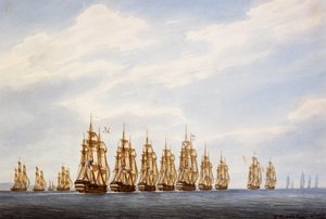 Wyjazd eskadry dziewięciu okrętów, trzech fregat i trzech korwet, akwarela Francois Roux (1811-1882), Francja