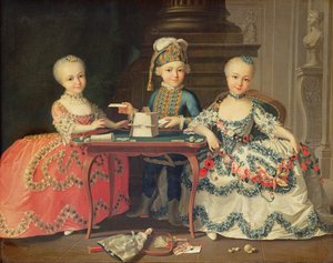 Grupowy portret chłopca i dwóch dziewczynek budujących domek z kart z innymi grami przy stole autorstwa Francois Hubert Drouais