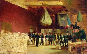 Izba Deputowanych przedstawia księciu Orleanu Ludwikowi Filipowi I (1773-1850) akt powołujący go do tronu oraz Kartę z 1830 r. w Pałacu Królewskim, 7 sierpnia 1830 r.