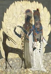 Dwie stylizowane kobiety z antylopą wśród liści, ok. 1928 (drewniany panel lakierowany i coquille d
