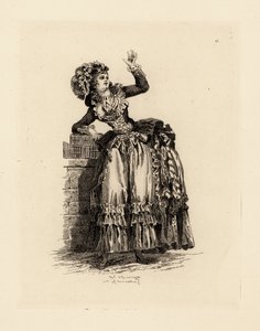 Modna kobieta w czepku a la Nicolet, epoka Marii Antoniny (akwaforta) autorstwa Francois Louis Joseph (after) Watteau