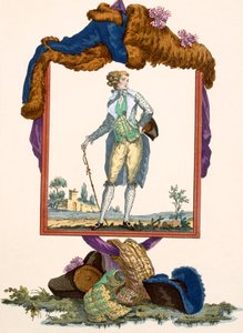 Młody mężczyzna ubrany w białą jedwabną marynarkę z malowaną kamizelką, grawerowana przez Dupina, płyta nr 265 z „Galeries des Modes et Costumes Francais”, ok. 1778-87 autorstwa Francois Louis Joseph Watteau