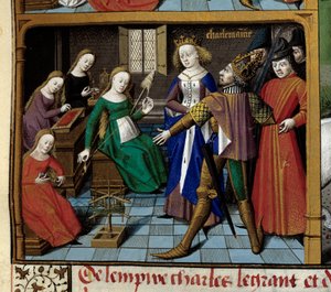 Sceny z życia Karola Wielkiego (742-814), króla Franków: cesarz odwiedza kobiety przędzące wełnę. Miniatura zaczerpnięta z rękopisu „Speculum historiale” (Le Mirror historyl) Vincenta de Beauvais (1184/94-1264) inluminowanego przez mistrza franka